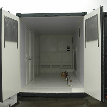Empty UPS system enclosure converted container ready for power supply equipment to be installed