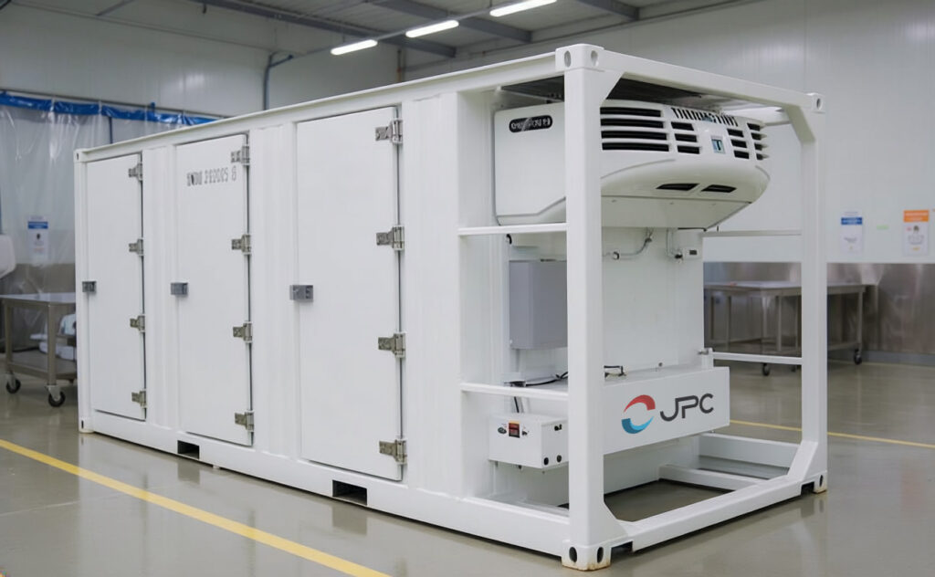 Refrigerated container in a food processing plant